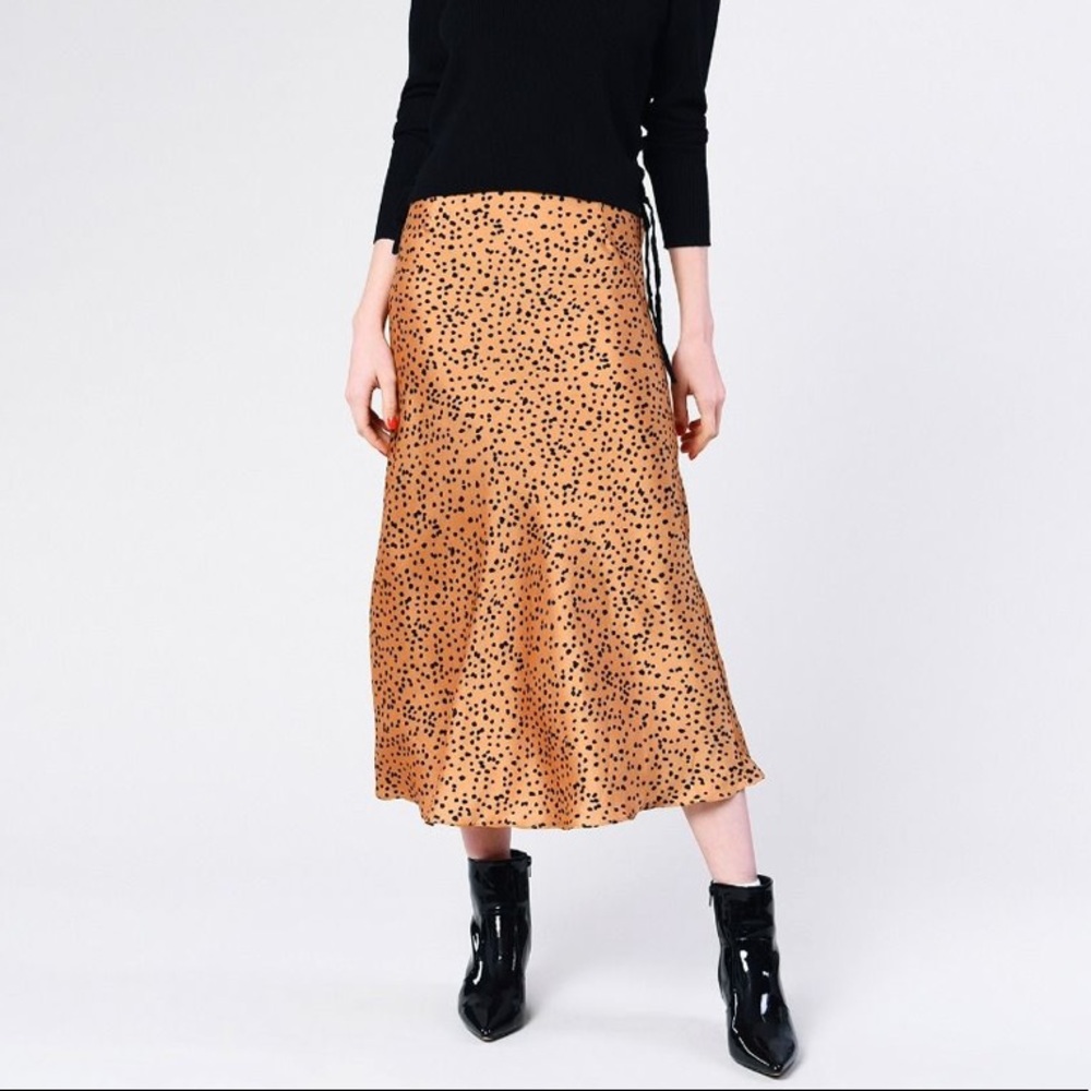 Glamorous Tan Black Spot Midi Skirt, Size M